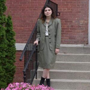 Vintage 90s Jacobson's Herringbone Skirt‎ Suit Olive Green Size 8 Office Classic